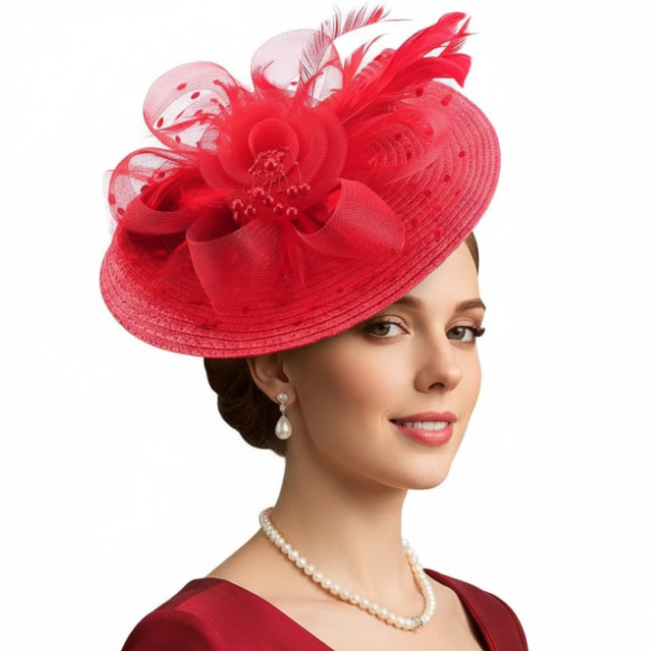Cross-Border Popular Mesh Flower Headdress Straw Feather Hair Accessories Horse Racing Festival Tea Party Bridal Prom Hat Wholesale