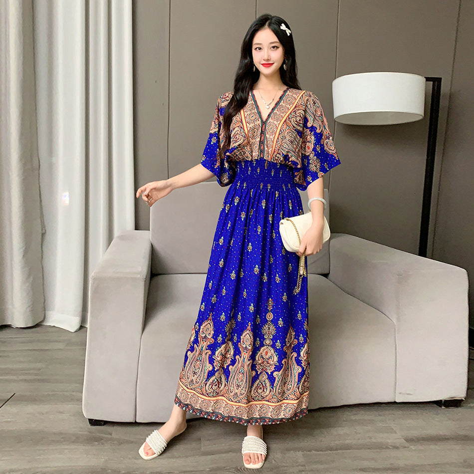 V-Neck Ethnic Print Beach Vacation Dress | Boho Holiday Maxi Dress