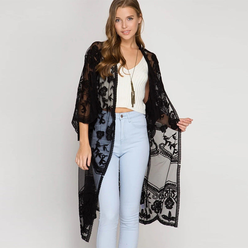 Lace Embroidered Sun Protection Cardigan | Beach Cover-Up with UV Shield