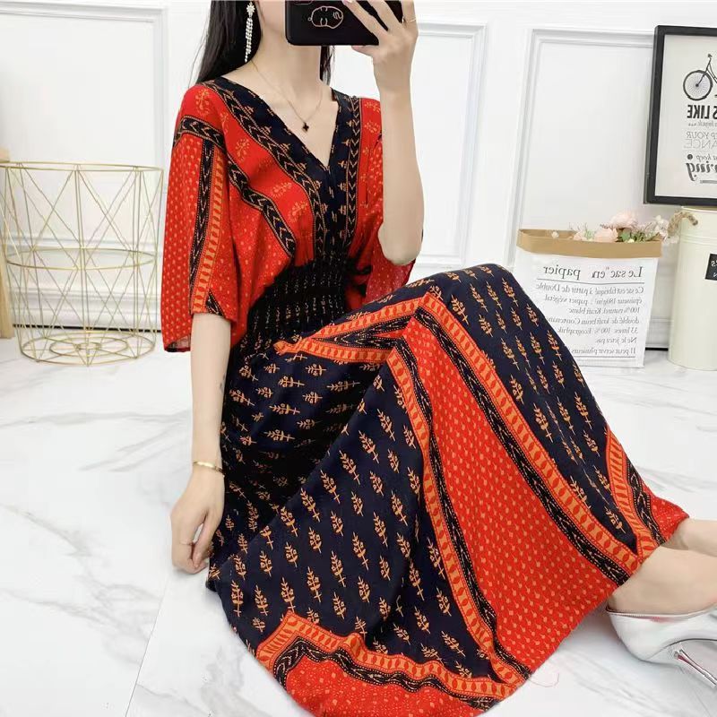 V-Neck Ethnic Print Beach Vacation Dress | Boho Holiday Maxi Dress