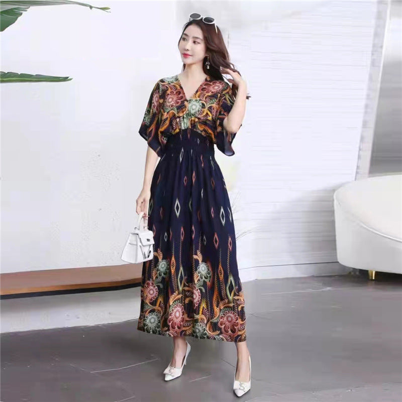 V-Neck Ethnic Print Beach Vacation Dress | Boho Holiday Maxi Dress