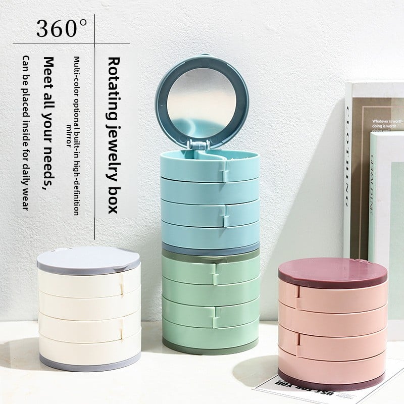 Candy Color Rotating Jewelry Storage Box with Mirror Portable Organizer for Earrings and Accessories