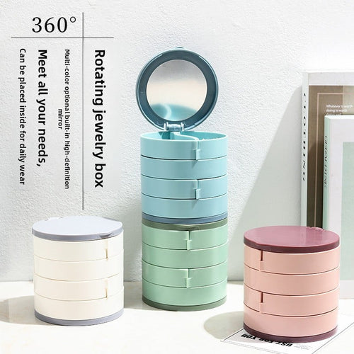 Candy Color Rotating Jewelry Storage Box with Mirror Portable Organizer for Earrings and Accessories