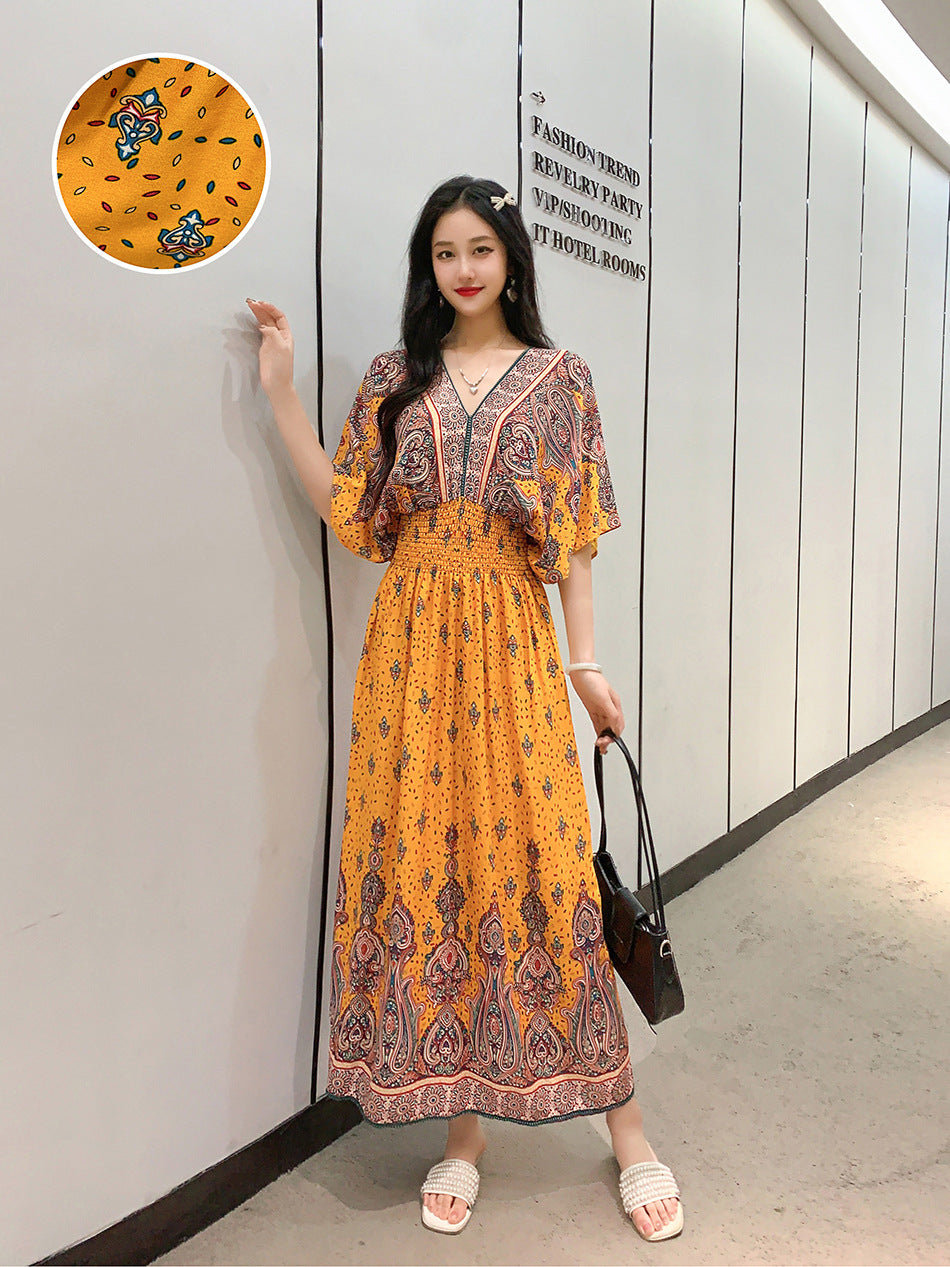 V-Neck Ethnic Print Beach Vacation Dress | Boho Holiday Maxi Dress