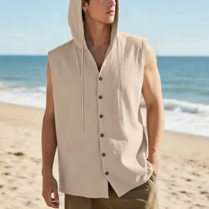 Mens Linen Hooded Sleeveless Shirt
