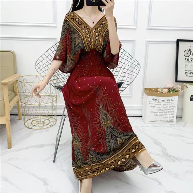 V-Neck Ethnic Print Beach Vacation Dress | Boho Holiday Maxi Dress