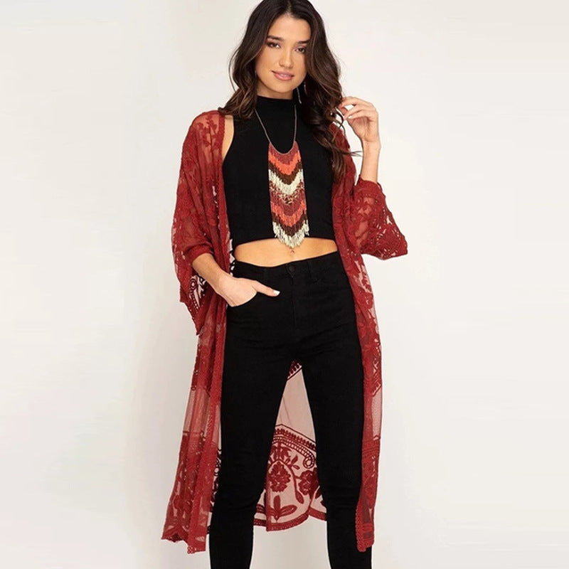 Lace Embroidered Sun Protection Cardigan | Beach Cover-Up with UV Shield