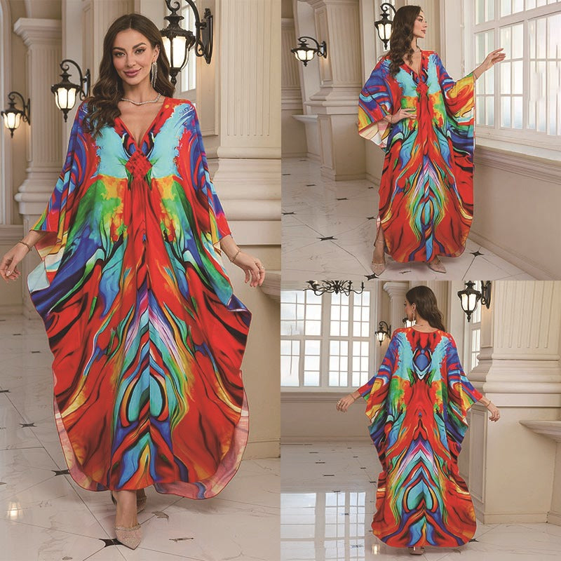Loose Rayon Beach Cover-Up Dress | Printed Summer Holiday Wrap Dress