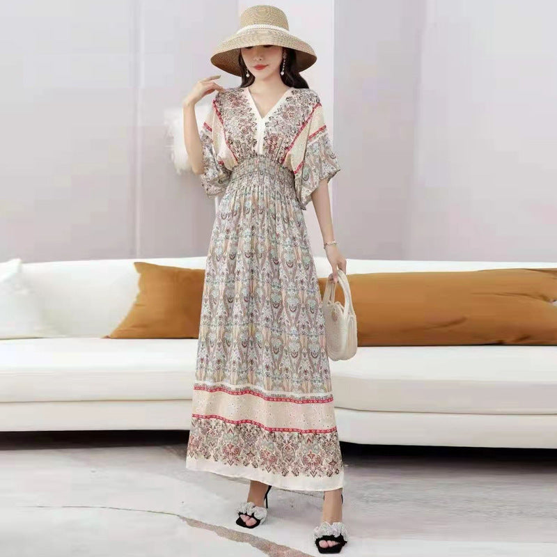V-Neck Ethnic Print Beach Vacation Dress | Boho Holiday Maxi Dress