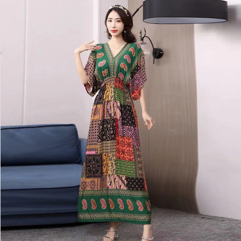 V-Neck Ethnic Print Beach Vacation Dress | Boho Holiday Maxi Dress