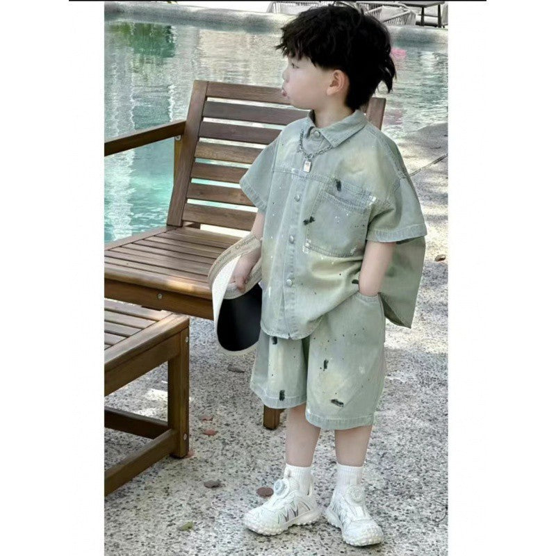Boys Paint Splattered Denim Jacket and Pants Set