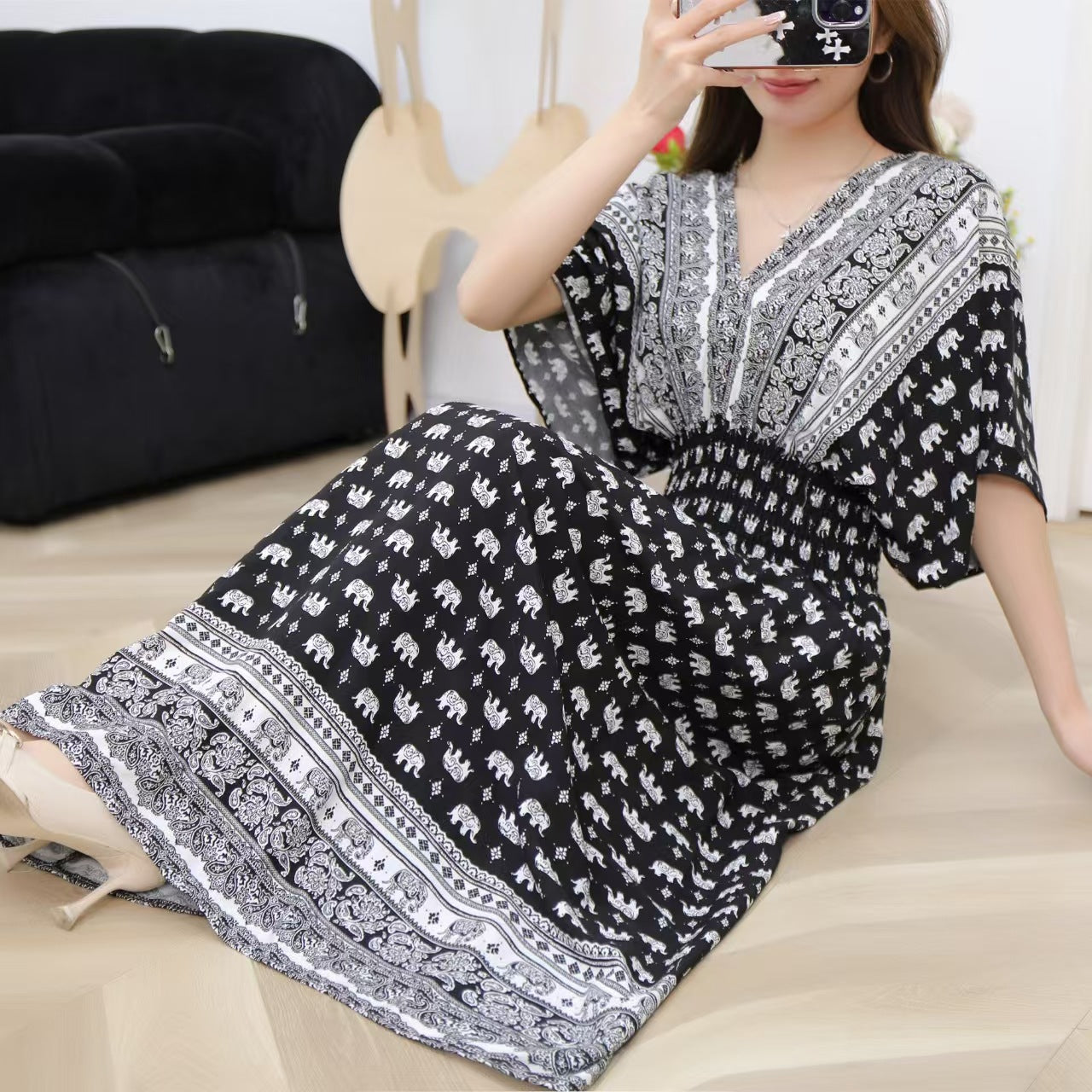 V-Neck Ethnic Print Beach Vacation Dress | Boho Holiday Maxi Dress