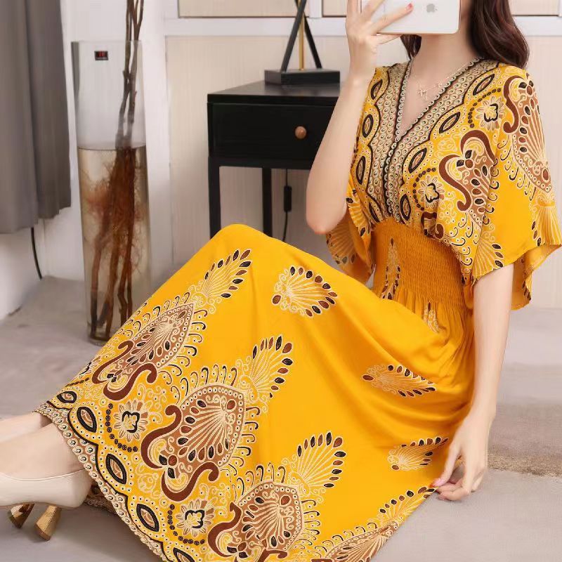 V-Neck Ethnic Print Beach Vacation Dress | Boho Holiday Maxi Dress