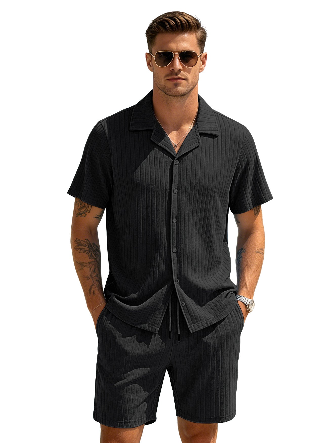 Men's Casual Button-Down Shirt and Shorts Set