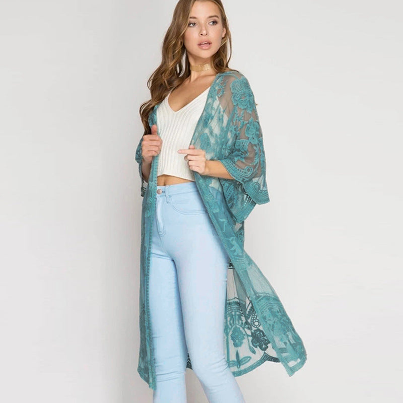 Lace Embroidered Sun Protection Cardigan | Beach Cover-Up with UV Shield