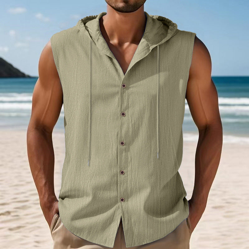 Mens Linen Hooded Sleeveless Shirt