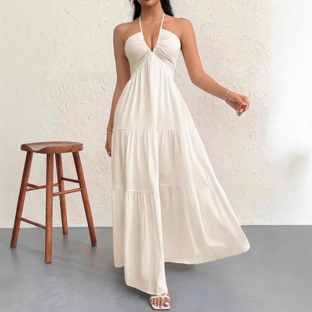 Sexy Backless V-Neck Pleated Beach Dress | Women's Summer Holiday Dress