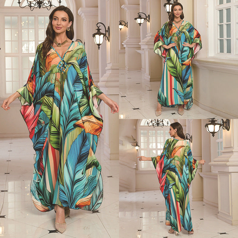 Loose Rayon Beach Cover-Up Dress | Printed Summer Holiday Wrap Dress