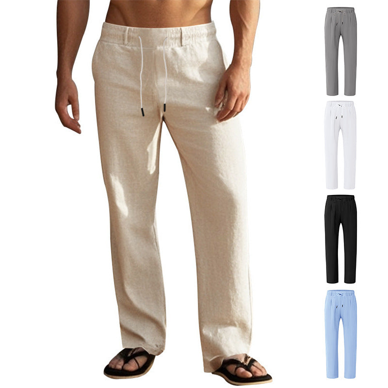 Mens Cotton Linen Drawstring Straight Pants