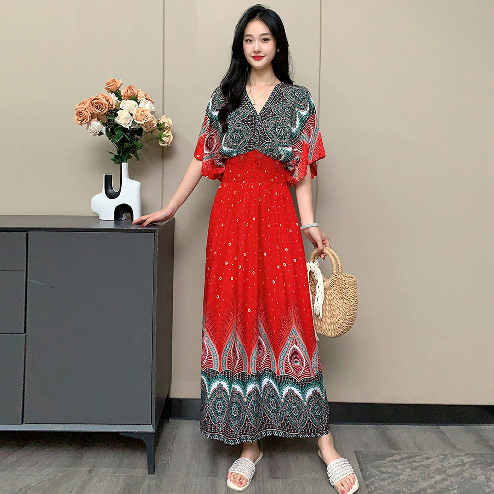 V-Neck Ethnic Print Beach Vacation Dress | Boho Holiday Maxi Dress