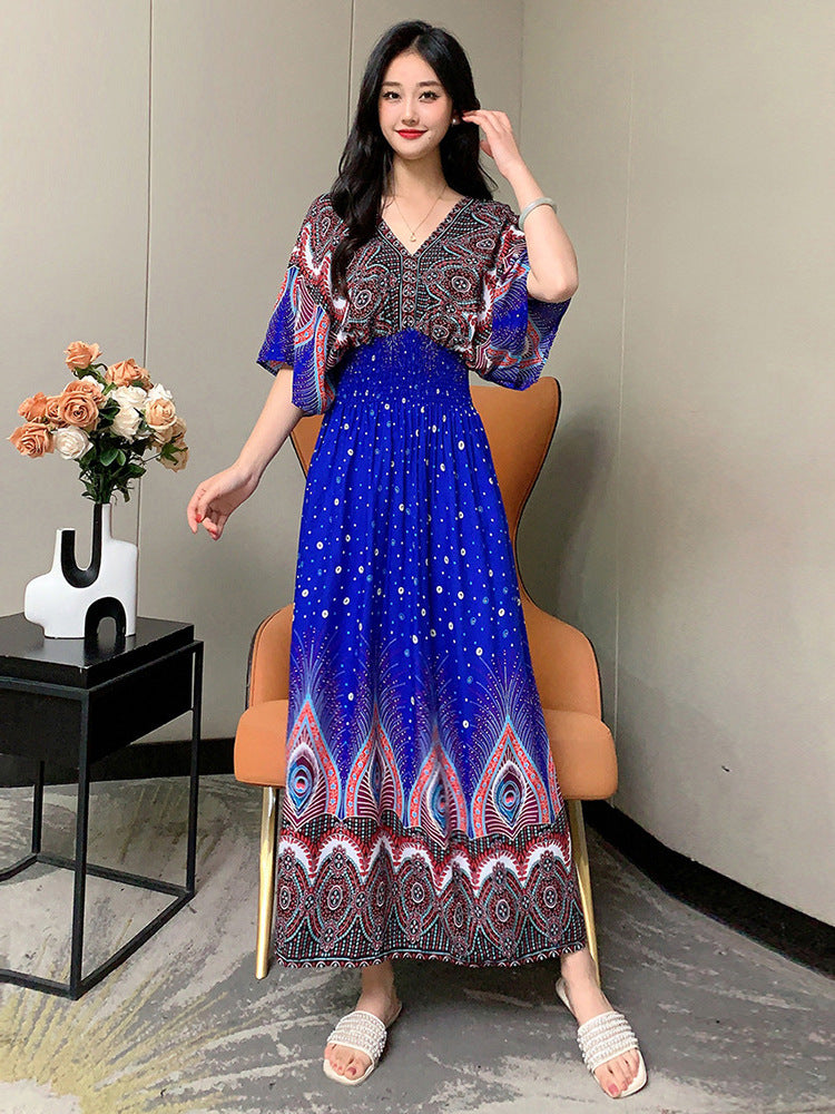 V-Neck Ethnic Print Beach Vacation Dress | Boho Holiday Maxi Dress