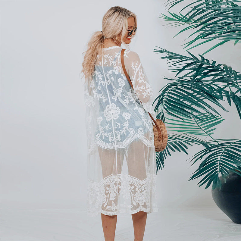Lace Embroidered Sun Protection Cardigan | Beach Cover-Up with UV Shield