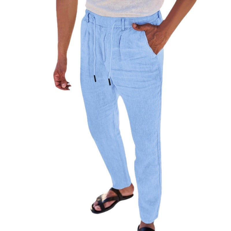 Mens Cotton Linen Drawstring Straight Pants