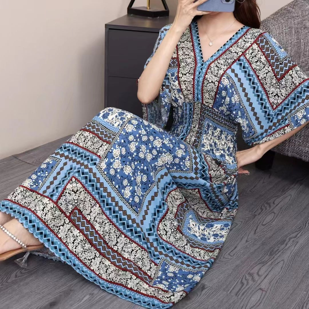 V-Neck Ethnic Print Beach Vacation Dress | Boho Holiday Maxi Dress