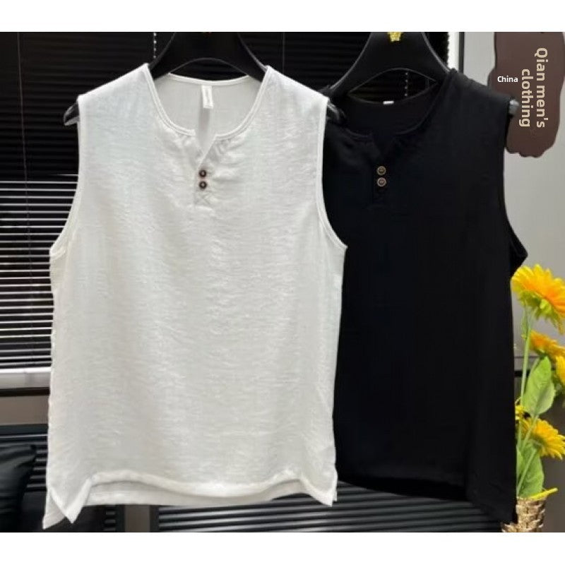 Men's Sleeveless V-Neck Cotton Linen T-Shirt Vest