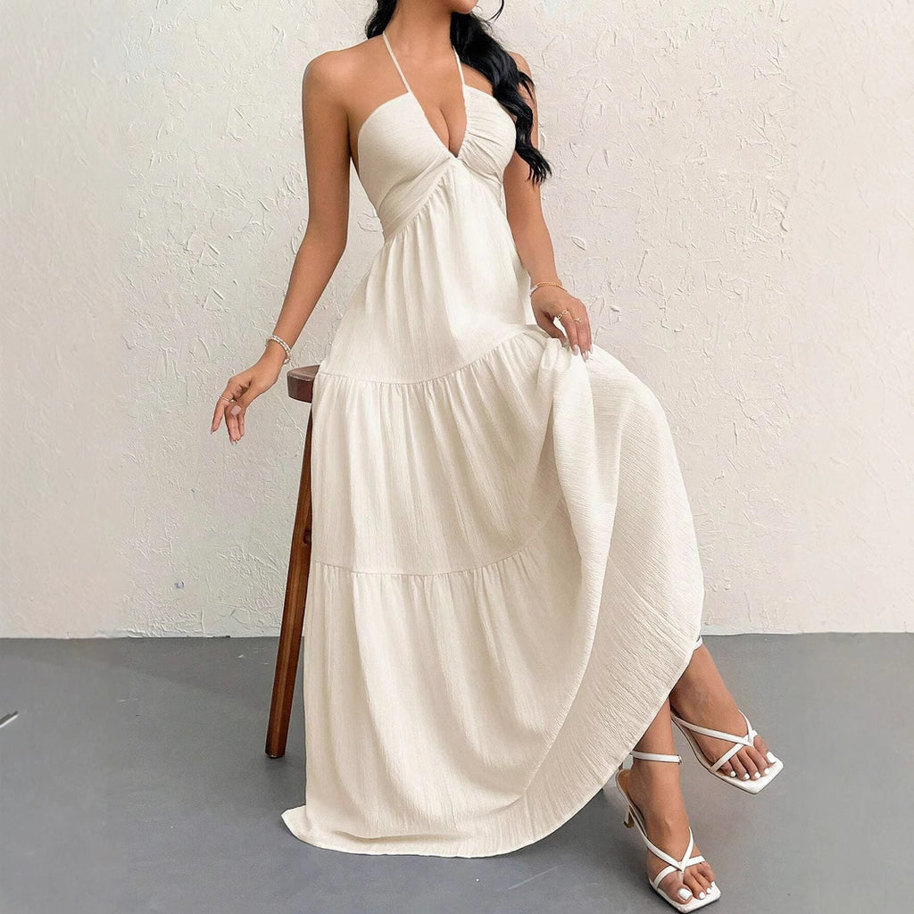 Sexy Backless V-Neck Pleated Beach Dress | Women's Summer Holiday Dress