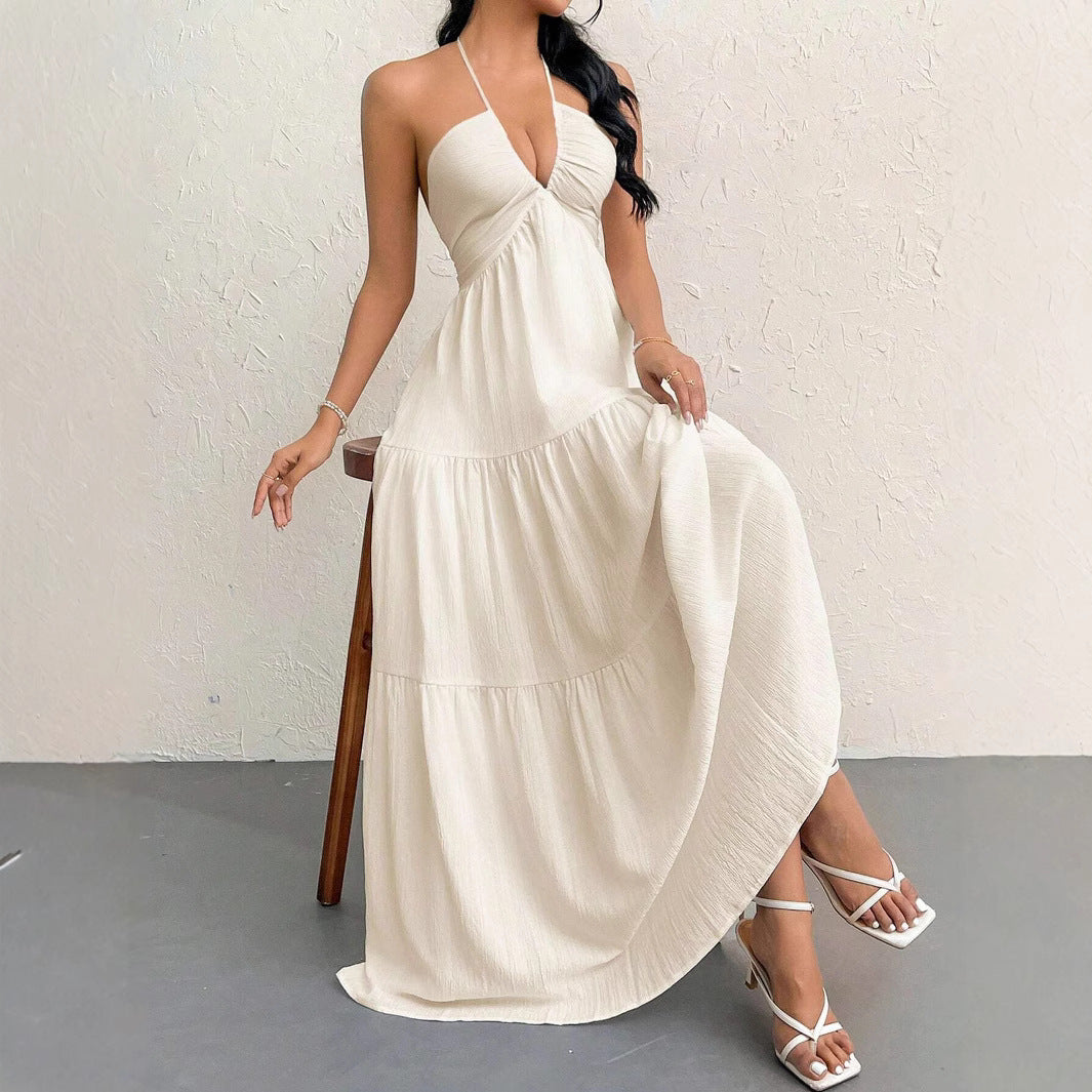 Sexy Backless V-Neck Pleated Beach Dress | Women's Summer Holiday Dress