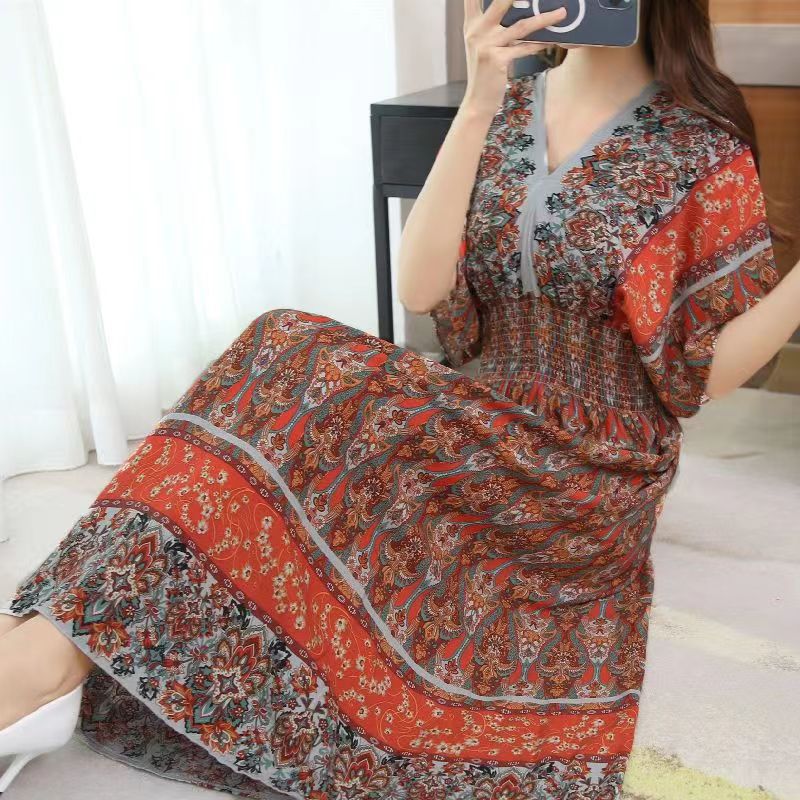 V-Neck Ethnic Print Beach Vacation Dress | Boho Holiday Maxi Dress