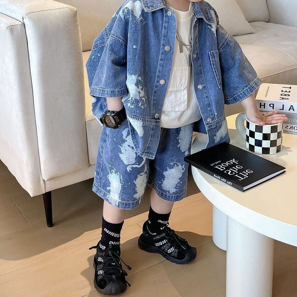 Boys Paint Splattered Denim Jacket and Pants Set