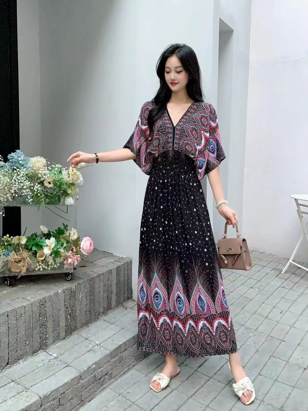 V-Neck Ethnic Print Beach Vacation Dress | Boho Holiday Maxi Dress