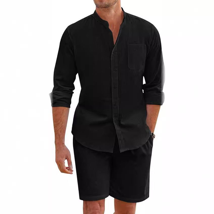 Summer Two-Piece Set Polyester Button Shirt Long Sleeve Shorts Cardigan Simple Casual Beach Wear