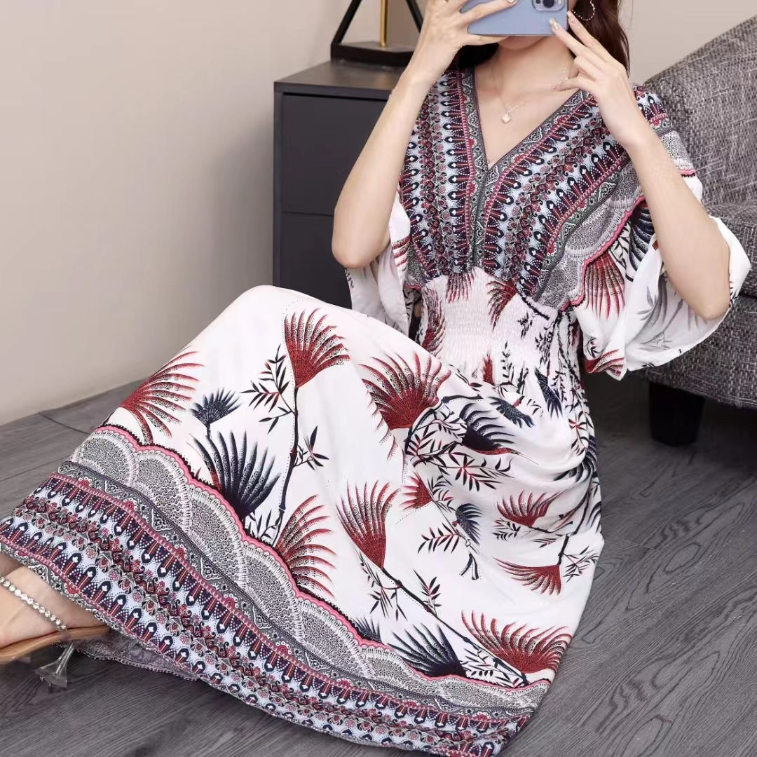 V-Neck Ethnic Print Beach Vacation Dress | Boho Holiday Maxi Dress