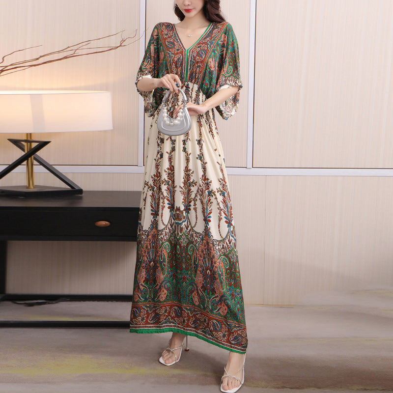 V-Neck Ethnic Print Beach Vacation Dress | Boho Holiday Maxi Dress