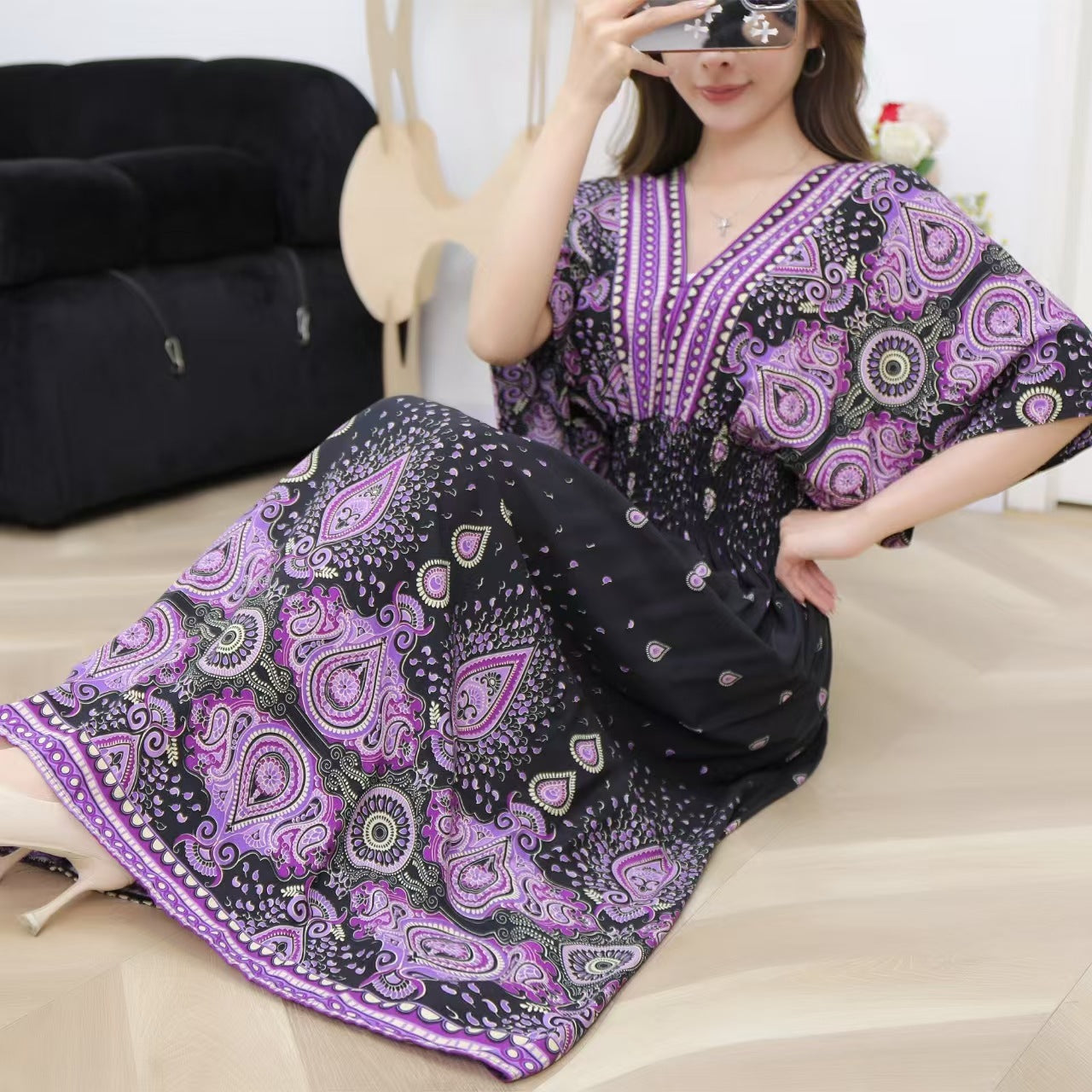 V-Neck Ethnic Print Beach Vacation Dress | Boho Holiday Maxi Dress