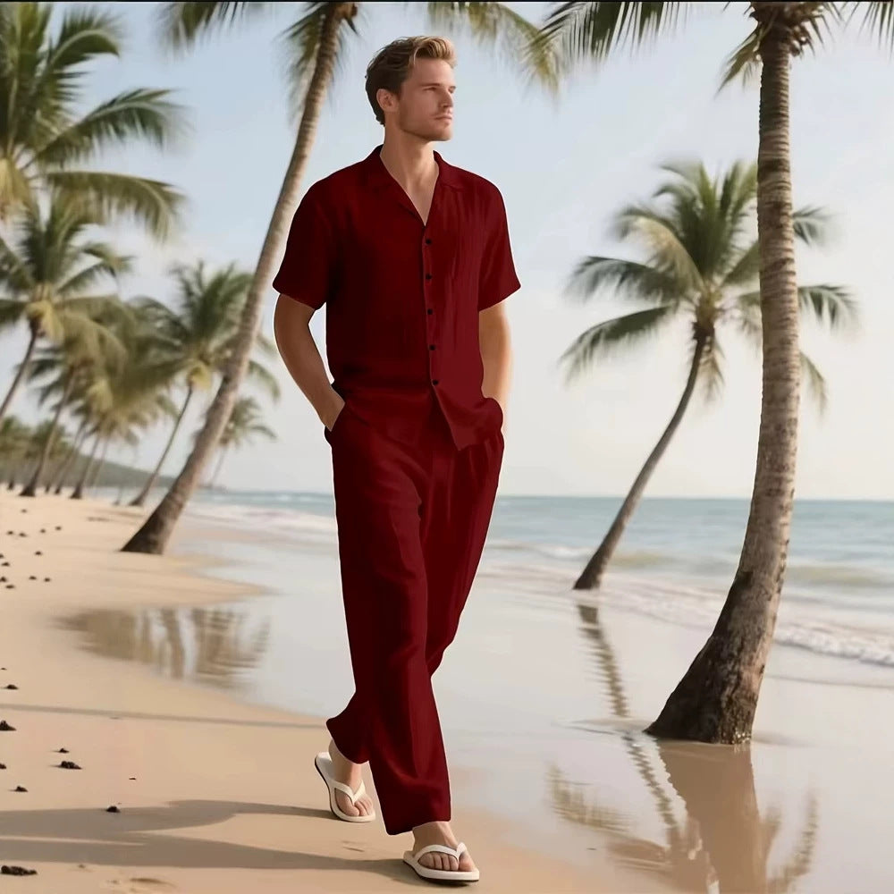 Men's beach button-down cardigan shirt casual pants