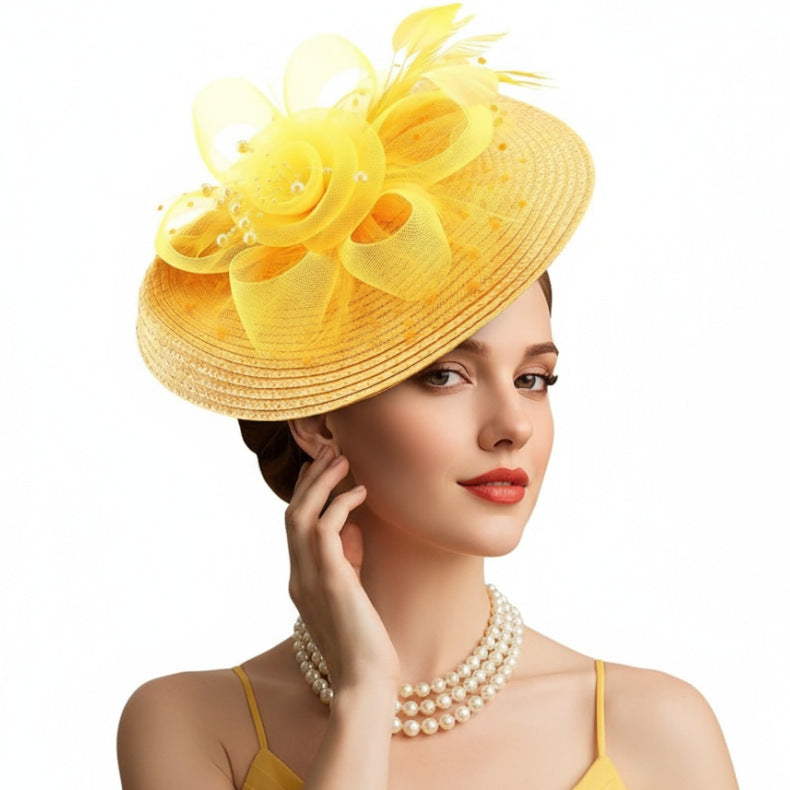 Cross-Border Popular Mesh Flower Headdress Straw Feather Hair Accessories Horse Racing Festival Tea Party Bridal Prom Hat Wholesale
