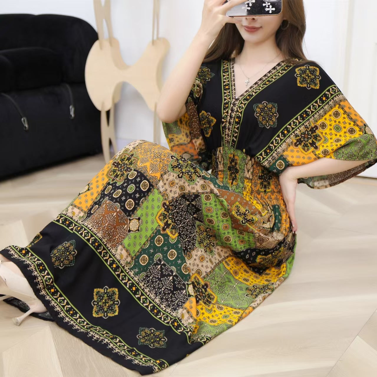 V-Neck Ethnic Print Beach Vacation Dress | Boho Holiday Maxi Dress