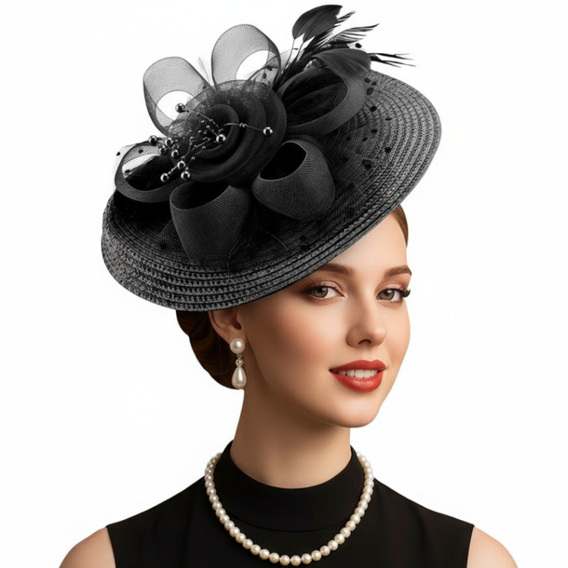 Cross-Border Popular Mesh Flower Headdress Straw Feather Hair Accessories Horse Racing Festival Tea Party Bridal Prom Hat Wholesale