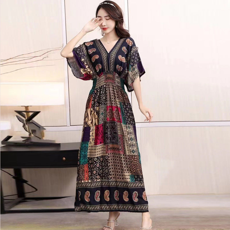 V-Neck Ethnic Print Beach Vacation Dress | Boho Holiday Maxi Dress