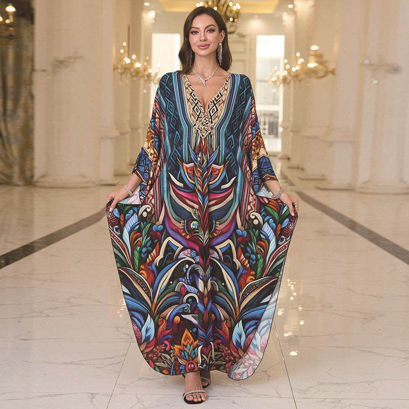 Loose Rayon Beach Cover-Up Dress | Printed Summer Holiday Wrap Dress