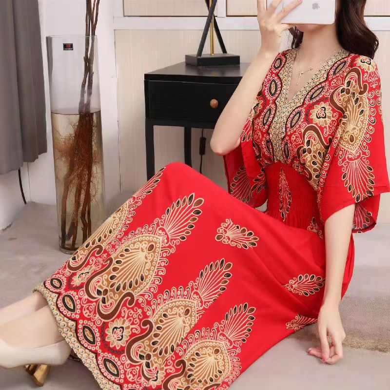V-Neck Ethnic Print Beach Vacation Dress | Boho Holiday Maxi Dress