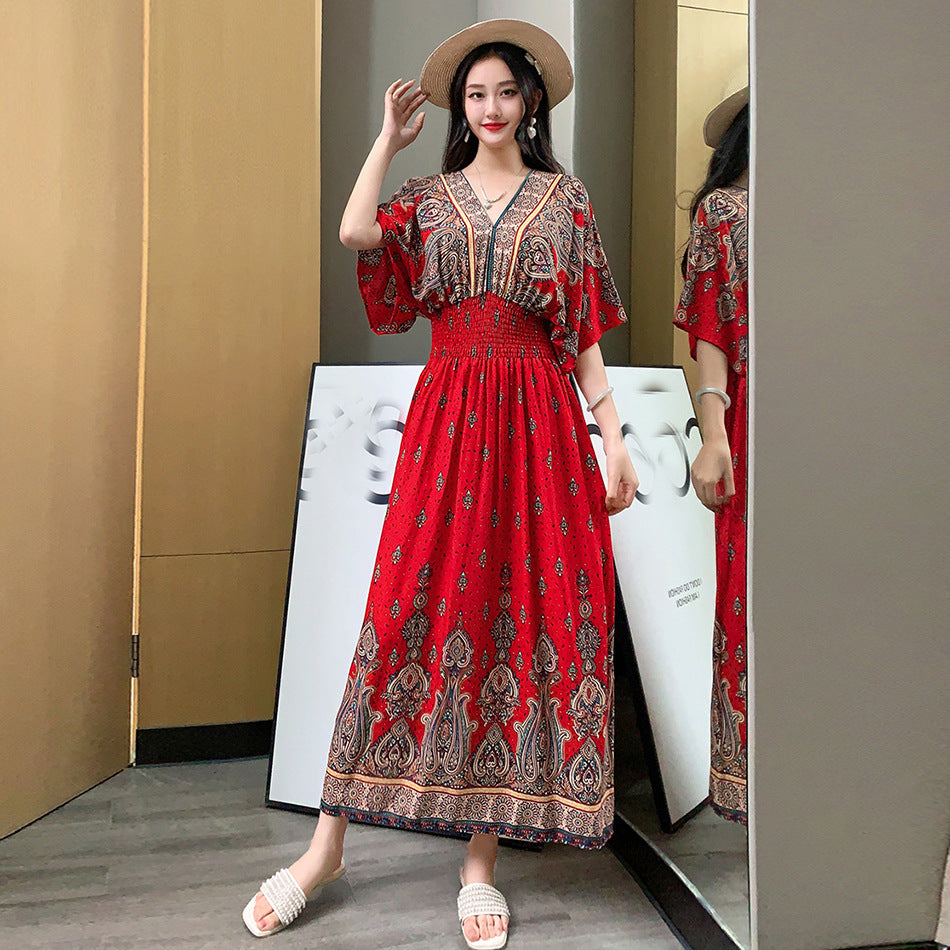 V-Neck Ethnic Print Beach Vacation Dress | Boho Holiday Maxi Dress