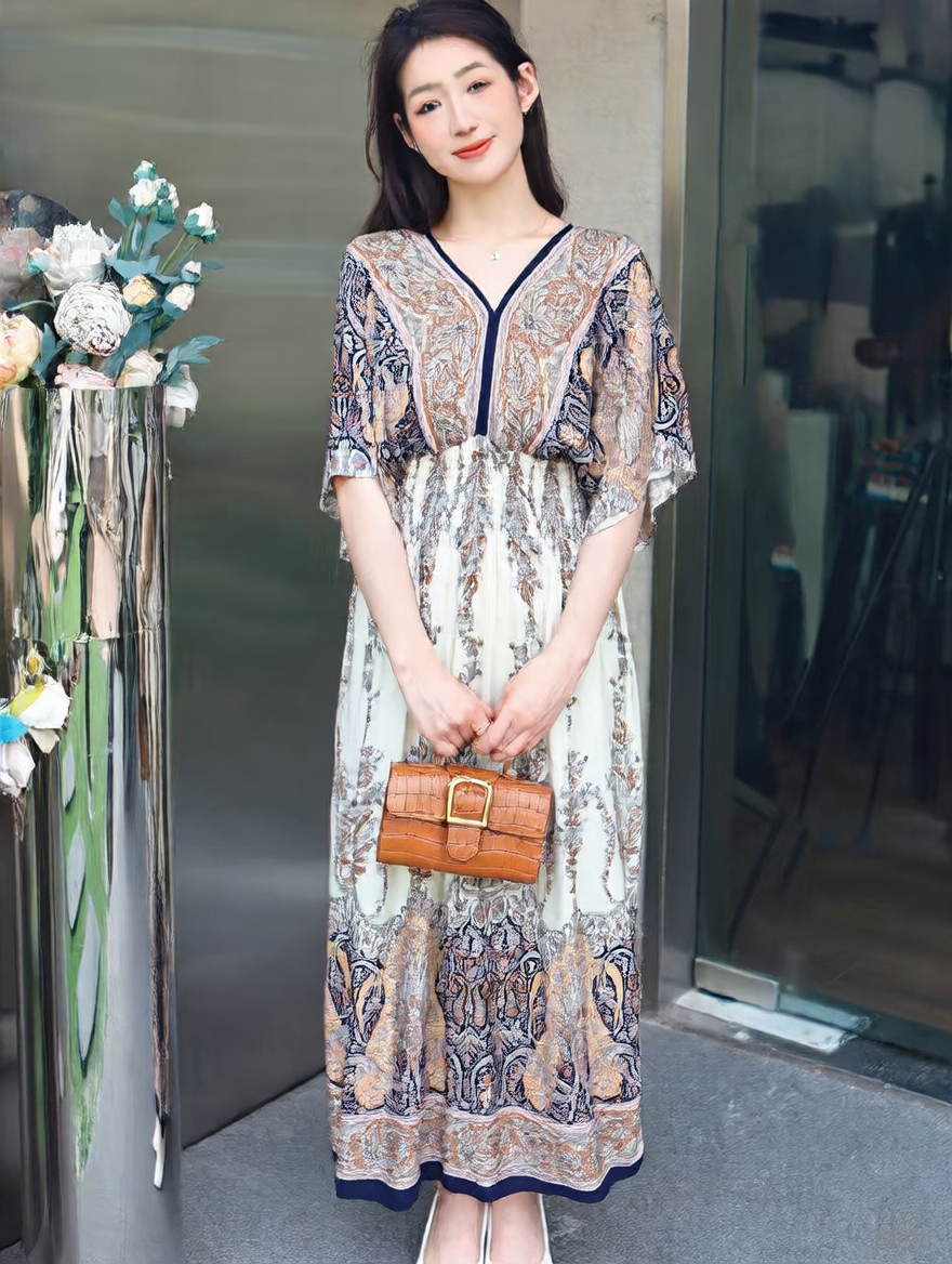 V-Neck Ethnic Print Beach Vacation Dress | Boho Holiday Maxi Dress