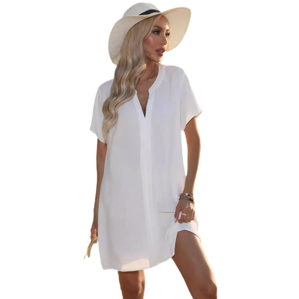 Women's V-Neck Midi Shirt Dress | Beach Skirt Holiday Dress