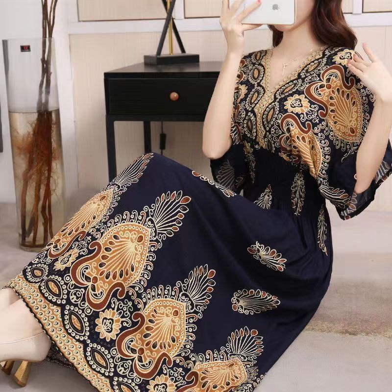 V-Neck Ethnic Print Beach Vacation Dress | Boho Holiday Maxi Dress