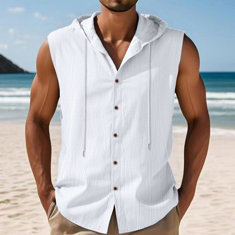 Mens Linen Hooded Sleeveless Shirt